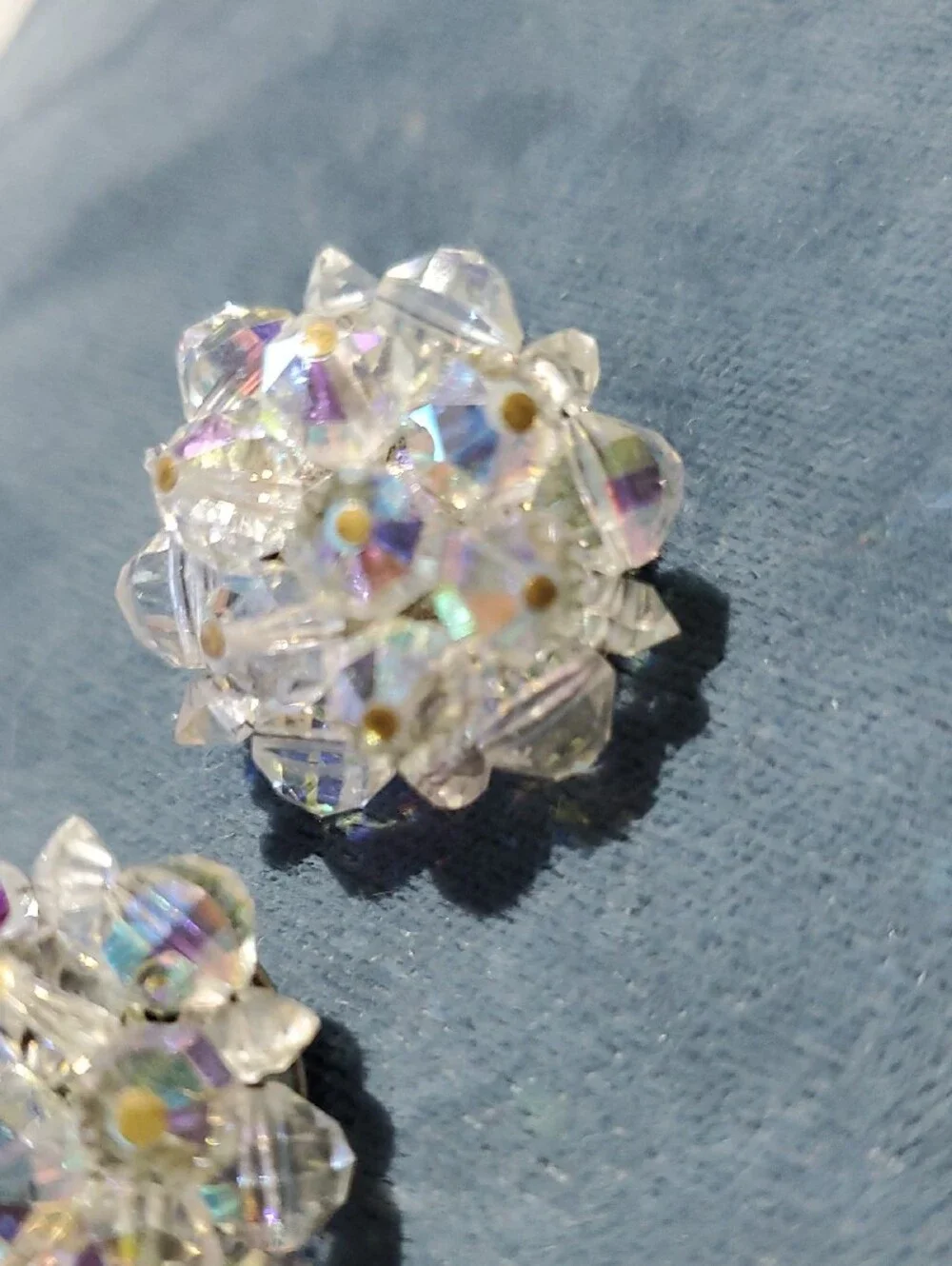 Vintage Iridescent Crystal Cluster Stud Earrings - Clear Aurora Rainbow Clip On
